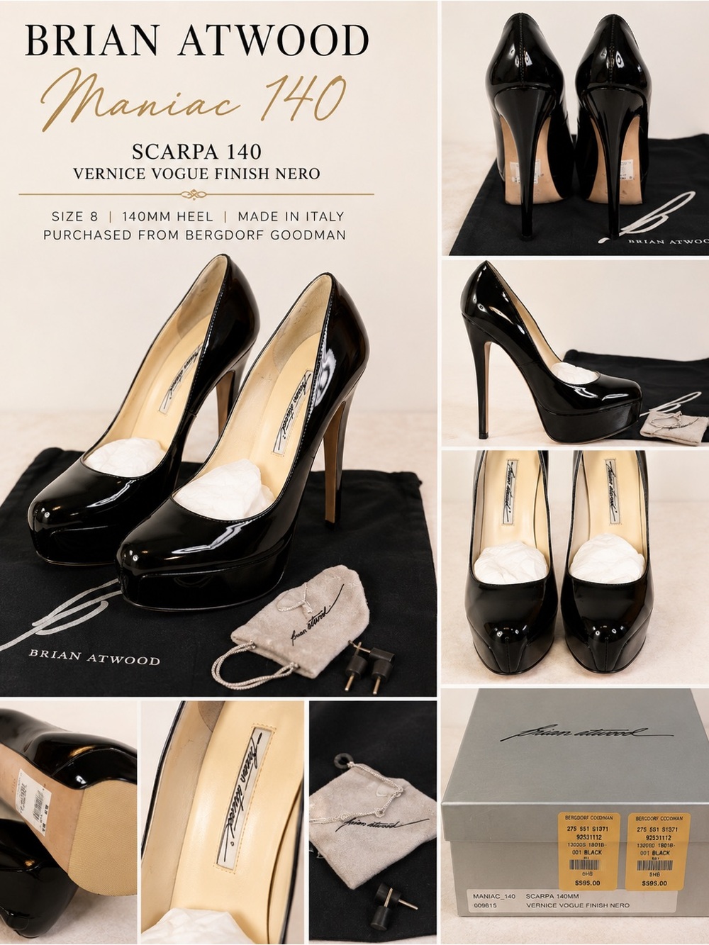 Brian Atwood Maniac 140 Black Patent Platform Pumps | Size 8.5 | Bergdorf